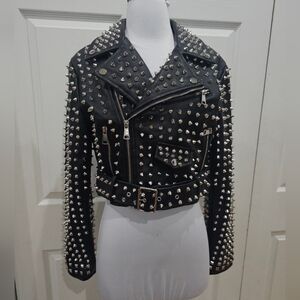 Azalea Wang Punk Goth Black Silver Studded Spike Vepplin Leather Moto Zip Jacket